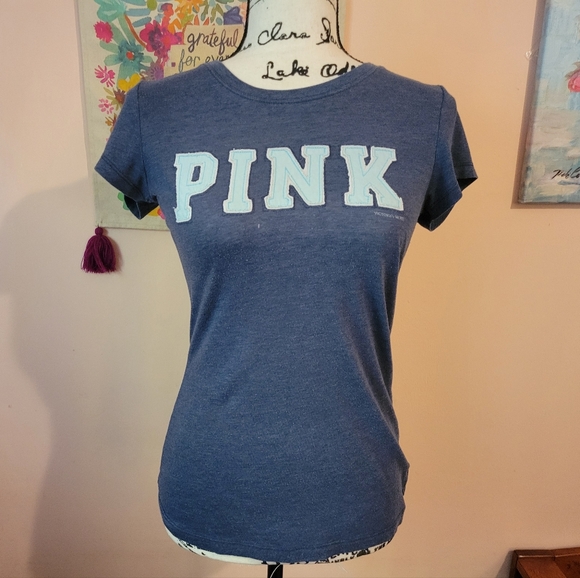 PINK Victoria's Secret Tops - Victoria's Secret PINK Women's T-shirt, Blue/Pink, S, Y2K, Good Condition